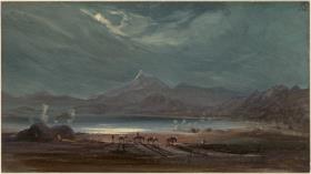 Nächtliche Stimmung im Umfeld des Nevado de Colima. Maultiere und Treiber am Ufer der Laguna Sayula