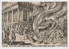 Jehu zerstört die Statue und den Tempel des Baal (2 Kön 10:26-27), Blatt 15 aus der Folge "Die Unglücke des jüdischen Volkes"