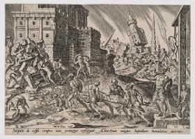 Die Leiche des Königs von Ai wird zum Stadttor gebracht (Jos 8:29), Blatt 10 aus der Folge "Die Unglücke des jüdischen Volkes"