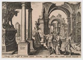 Jehu betet die Goldenen Kälber an (2 Kön 10:29-31), Blatt 16 aus der Folge "Die Unglücke des jüdischen Volkes"