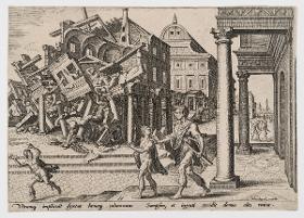 Simson wird aus dem Gefängnis geholt und zerstört den Tempel der Philister (Ri 16:25-30), Blatt 11 aus der Folge "Die Unglücke des jüdischen Volkes"