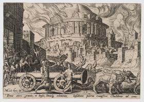 Die chaldäischen Truppen tragen die Säulen des Tempels von Jerusalem weg (2 Kön 25:9, 13-17), Blatt 17 aus der Folge "Die Unglücke des jüdischen Volkes"