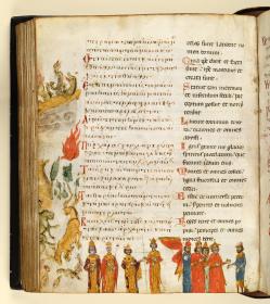Psalterium und Breviarum graeco-latinum: Textseite mit Randzeichnungen: Die Drachen der Erde, Wind, Hagel Feuer, Berge, Bäume, Hirsche, Löwen, Raben, ein Hase, Kaiser und Kaiserin, König und Königin, Richter