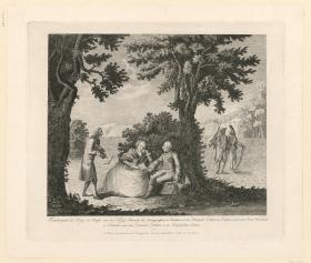 Friedrich II., die Markgräfin Wilhelmine von Bayreuth, der Philosoph Voltaire sowie Feldmarschall Schwerin und General von Zieten im Elysium