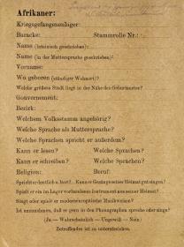 Fragebogen der Phonographischen Kommission des Kultusministeriums für Afrikaner