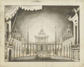 Bühnenbildentwurf: Hof einer Palastanlage mit Pavillons im chinesischen Stil, Kultfeuer, Vordergrund mit zwei Halbentwürfen als Varianten