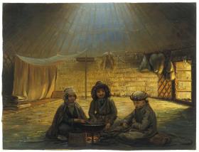 Eine Kirgisen-Familie in ihrem Zelte