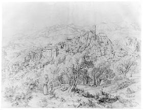 Blick auf Olevano, vorn zwei italienerinnen und ein Hirtenknabe mit Schweinen