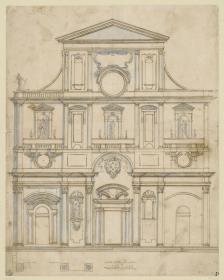 Entwurf der neuen Domfassade zu Florenz, Aufriss, Teilgrundriss
