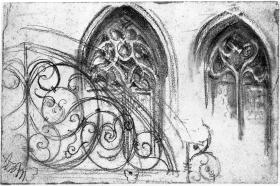 Zwei gotische Kirchenfenster und ein schmiedeeisernes Gitter