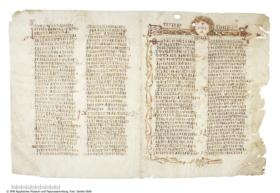 Koptisches Pergament (Doppelblatt aus einem Kodex) mit Teilen der Kapitel 1 und 7 des Buches Jesaja aus dem Alten Testament