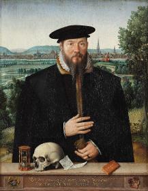 Hermann Huddaeus (1417/18-um 1575), vor einer Ansicht der Stadt Minden