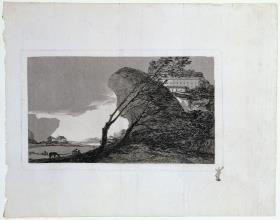 Paisaje con peñasco, edificios y árboles