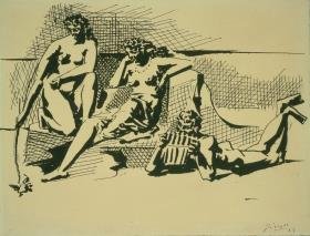 Deux femmes et joueur de flûte de Pan