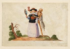 Stammbuchblatt: Junge Frau mit Spiegel und Tod mit Stundenglas