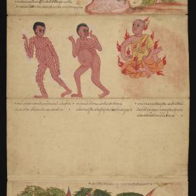 Kosmologische Prachthandschrift Traiphum („Drei Welten“); Apāya-Bhūmi: Peta-Bhūmi: Beschreibung der Peta-s, Teil 6 (als Bild und Text)