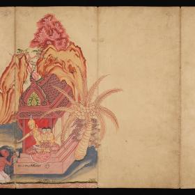 Kosmologische Prachthandschrift Traiphum („Drei Welten“); Jambudīpa: Dasajāti-Jātaka: Vessantara-Jātaka (Nr. 10 von 10): l.: Vessantara schenkt seine Kinder an Jūjaka