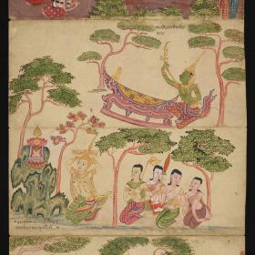 Kosmologische Prachthandschrift Traiphum („Drei Welten“); Buddha-Vita: o.: das Gleichnis der dreisaitigen Laute (anikonisch); l.: Sujātā bringt Reisspeise als Gabe dar