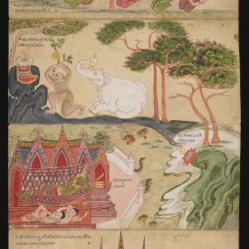 Kosmologische Prachthandschrift Traiphum („Drei Welten“); Buddha-Vita: o.: die Gaben von Affe und Elefant im Pālileyyaka-Wald; u.: Buddha übergibt die Schale dem Fluss Nerañjarā