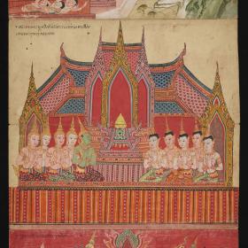 Kosmologische Prachthandschrift Traiphum („Drei Welten“); Buddha-Vita: Buddha predigt seiner Mutter im Tāvatiṃsa-Himmel