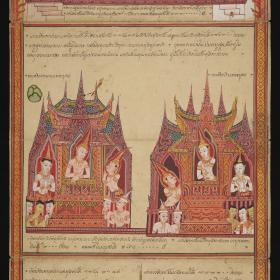 Kosmologische Prachthandschrift Traiphum („Drei Welten“); Kāma-Bhūmi: Cha-kāmāvacara-Himmel („die sechs Himmel von Kāma-Bhūmi“): der 4. Himmel von Kāma-Bhūmi: Tusitā-Himmel: r.: Ariyametteyya; l.: Mahāmāyā-Devaputta