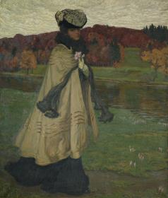 Dame in einer Herbstlandschaft