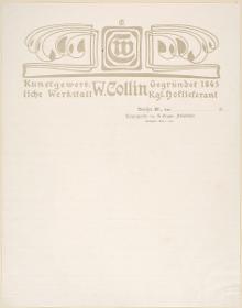 Briefpapier mit Briefkopf der Kunstgewerblichen Werkstatt W. Collin