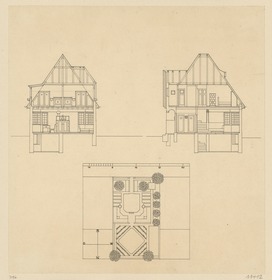 Darmstadt, Projekt dreier Hausentwürfe für die Gartenvorstadt am Hohlen Weg, eineinhalbgeschossiges Haus, zwei Schnitte und Situationsplan mit Gartenanlage