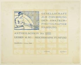 Anteilschein der Gesellschaft zur Förderung der Amateur-Photographie Hamburg über 50 Reichsmark (Signet und Apollo-Motiv: Arthur Illies)