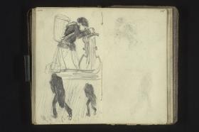 Frau mit Kiepe auf dem Rücken in einer Kirchenbank kniend, Mann im Regen rennend (zweimal)