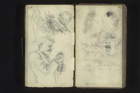 Stehender Mann, Mann mit Flasche in der Hand, Gesichtsstudie (verworfen), Andeutung eines Gesichts, Auge
