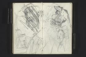 Kopf eines alten Mannes mit Hut (verworfen), Figur mit ausgebreiteten Armen, Gestalt mit Kiepe auf dem Rücken