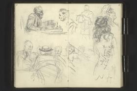 Männer beim Schachspiel, Kellner, Männer und Frauen im Café, Mädchen von hinten, Mädchenkopf