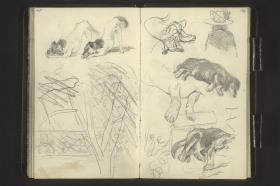 Hundestudien mit Farbangaben, Stuhllehne und Baumstamm (verworfen), Büste einer Figur mit Hut in Rückenansicht
