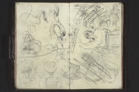 Schwäne, Frauenstudien, Männerkopf, Männer an einem Tisch, Gartenmöbel, Kannen (teils verworfen)
