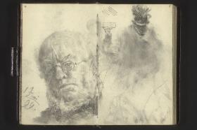 Selbstbildnis 1. Juni 99 und schemenhafte Figur mit Federhut