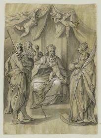 Die Madonna unter einer von Engeln gehaltenen Draperie sitzend, mit den Heiligen Johannes d. Täufer (links) und Katharina (rechts); links hinter Maria steht der h. Paulus