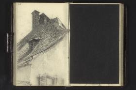 Dach und Giebel eines Hauses und Fragment einer herausgetrennten Seite