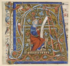 Initiale A(spiciens a longe) mit der Darstellung eines sitzenden Propheten in buntem Flechtwerk aus einem Antiphonarium officii