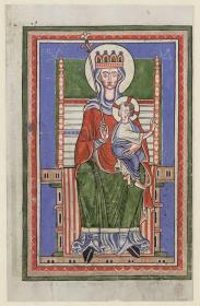 Die thronende und gekrönte Madonna, in der Rechten ein Szepter, mit der Linken das Kind haltend