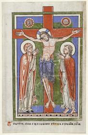 Christus am Kreuz zwischen Maria und Johannes, Rückseite: thronende und gekrönte Madonna