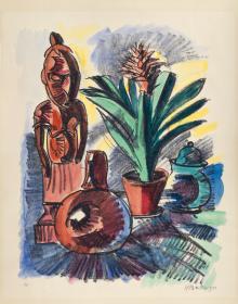 Stilleben mit Holzfigur und Amaryllis