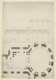 Grundriss und Längsschnitt der Kirche im Oval der Würzburger Residenz