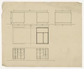 Schreibtisch, Ansichten und Grundriss (Möbelentwürfe, Schreibtische)