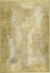Der Erzengel Michael auf einer Säule, umgeben von anderen Motiven (Musterzeichnung für die Seidenstickerei) aus einem venezianischen Musterbuch