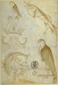Emblematische Tiere: Greifvögel, Fische und ein chinesisches Fabelwesen (Khilin; Entwurf für die Seidenstickerei) aus einem venezianischen Musterbuch
