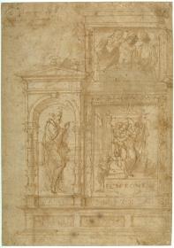 Entwurf für ein Altarbild mit einer thronenden Madonna, einer Grablegung Christi und einem Heiligen (als Fragment, mit dem mittleren und linken Teil erhalten)