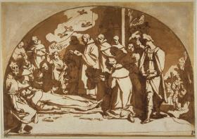 Nachzeichnung des Freskos "Tod des sel. Alessio Falconeri" (Zyklus zu den Ursprüngen des Servitenordens im Chiostrino dei Morti der Santissima Annunziata in Florenz)
