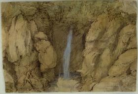 Landschaft mit Wasserfall und menschlicher Figur
