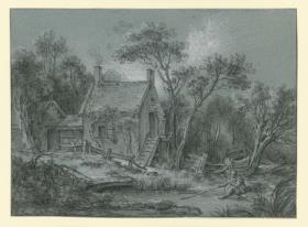 Haus mit Stiege zwischen Bäumen, davor ein Angler